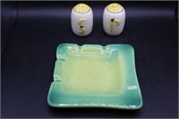 HULL Salt & Pepper Shakers & Green Ceramic Tray