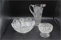Cut Glass Pitcher, Serving Bowl & Sm Footed Bowl