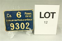 1932 PA Resident Metal Hunting License County 6 Li