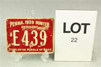 1939 PA Resident Metal Hunting License E439