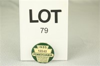 1935 PA Resident Fishing License Button #83543 w/