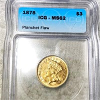 1878 $3 Gold Piece ICG - MS62