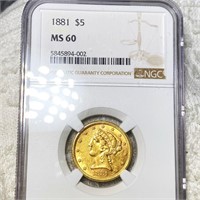 1881 $5 Gold Half Eagle NGC - MS60