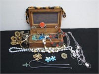 Large Lot of Assorted Jewelry in Hand Carved Box