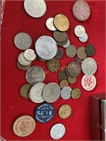 Foriegn Coins & Tokens in metal box