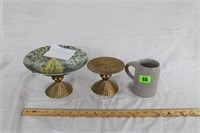 Brass Candlestands & Stein & Collectors Plate