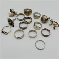 Lot of 15 Silver Rings w/ Bands (66.2g)