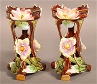 Pair of French Majolica Art Nouveau Candle Holders
