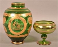 2 Italian Emerald Green Glass Vessels