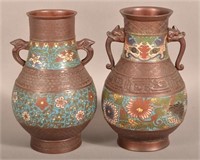 **2 Vintage Bronze and Enameled Vases