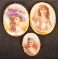 Three Victorian Oval Pin Back Portraits on Porcela