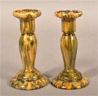 Pair of Antique Flint Glaze Earthenware Candlestic