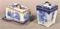 Flow Blue China Cheese Dish and Biscuit Jar.