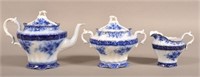 Flow Blue China "Touraine" Three Piece Tea Service