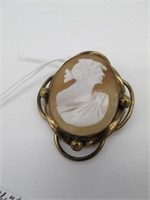 VICTORIAN HAND CARVED SHELL CAMEO BROOCH GOLD FILL