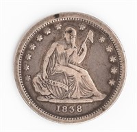 Coin 1838 No Drapery Seated Liberty Quarter VF