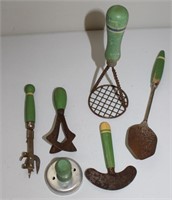 Lot antique green wood handle kitchen gadgets