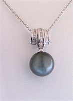 18K WG Black South Sea Pearl, Diamond Pendant
