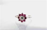 14K White Gold Diamond, Ruby Flower Ring