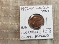 1972P Lincoln Cent Engraved Lincoln Smoking AU