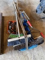 6 Brooms, hand Ice Auger, Miscellaneous items