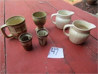 4 PIECES OF FRANKOMA, 2 POTTERY CREAMERS