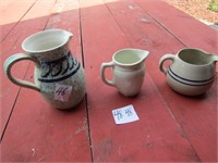OLD WHITE STONE CREAMER, 2 POTTERY PITCHERS