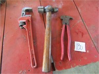 BALL PIN HAMMER, PIPE WRENCH, FENCE PLIERS