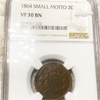 1864 Two Cent Piece NGC - VF 30 BN SML MOTTO