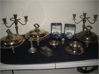 Silver Plate Candelabras and Chaffing Dishes