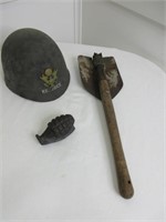 WWII Army Helmet, Trench shovel & faux grenade