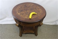 Round Wood End table With Basket Weave Design