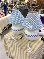 Pair of blue and white gingham lamps