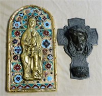Ceramic Religious Icon and Metal Holy Water Font.