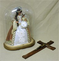 Wax Madonna Under Glass Dome and Crucifix.