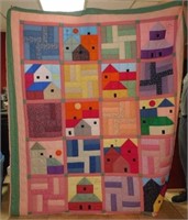 Hand Quilted and Signed "House" Quilt.