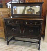 English Jacobean Revival Mirrored Back Sideboard.