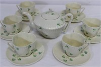 Belleek, Ireland, Shamrock Teapot & 6 Cups/Saucers