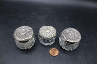 Trio of Antique Sterling & Glass Powder Jars