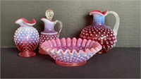 Four Pieces Opalescent Cranberry Hobnail