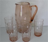 Pink Depression Pitcher floral etch juice set