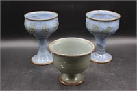 Blue Glaze Wine Glasses & Jugtown Ware Footed Bowl