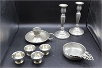 Pewter Candle Holders, Porringer, and Footed Cups