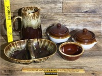 Brown Drip Pitcher & Bowls Including Hull Pottery