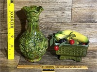 Green Vases & Faux Fruit