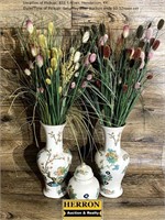 Oriental Print Vases w/Floral Arrangements & Urn
