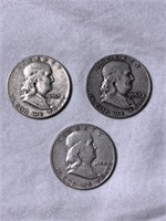 3 Franklin Half Dollars - 1950, 1955, 1957