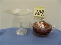 Hearts & Flower White Carnival Glass Compote &