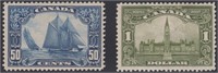 Canada Stamps 158-159 Mint HR, $1 with sma CV $525