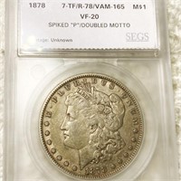 1878 Morgan Silver Dollar SEGS - VF20 SPIKED P DM